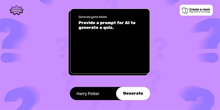 Booom.ai trivia game generator interface