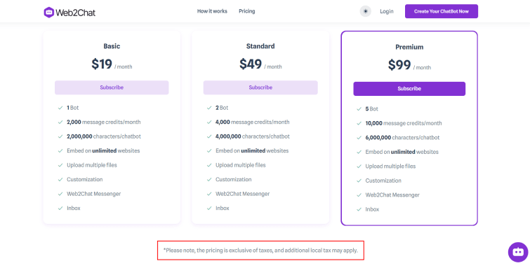 Web2Chat AI-pricing options