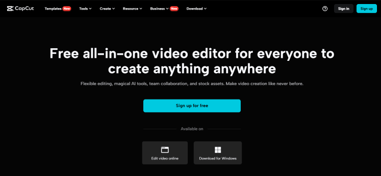 CapCut creative suite for video editing, graphic design, and more