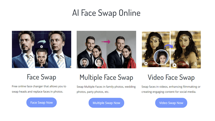 A screenshot of a website displaying an online face swap tool, allowing users to swap faces in photos.